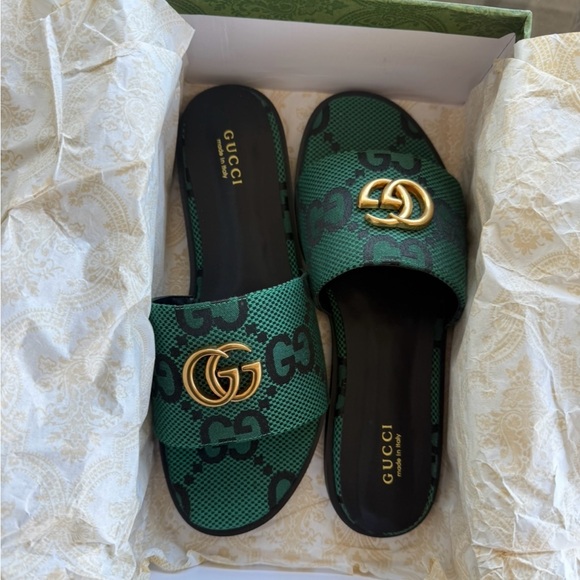 ??? Shoes - Double G Monogram Slides Emerald Green EU 39 / US 8 NIB Gucci Vibes Resort Glam